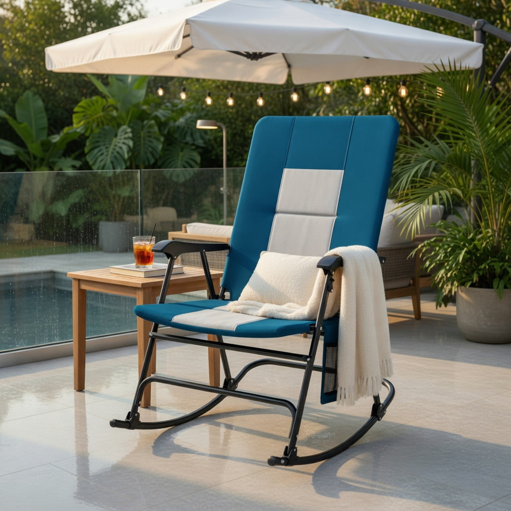 Hommoo Premium Foldable Rocking Camping Chair with Padded Backrest, Armrests, Cup Holder & Side Pocket, Outdoor Patio Chair, Navy