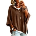 thumbnail image 2 of HaCpiu Women's Fine Knit Poncho Hooded Sweater, Solid Loose 3/4 Dolman Sleeve Pullover, Lightweight Boho Oversized Drawstring Sweatshirt, Brown L, 2 of 6