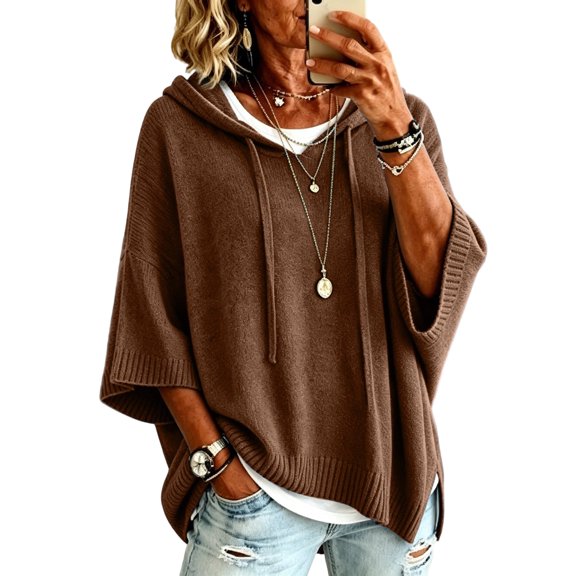 WULMLEO Women's Oversized Hooded Poncho Sweater 3/4 Batwing Sleeve Knitted Sweater Brown L