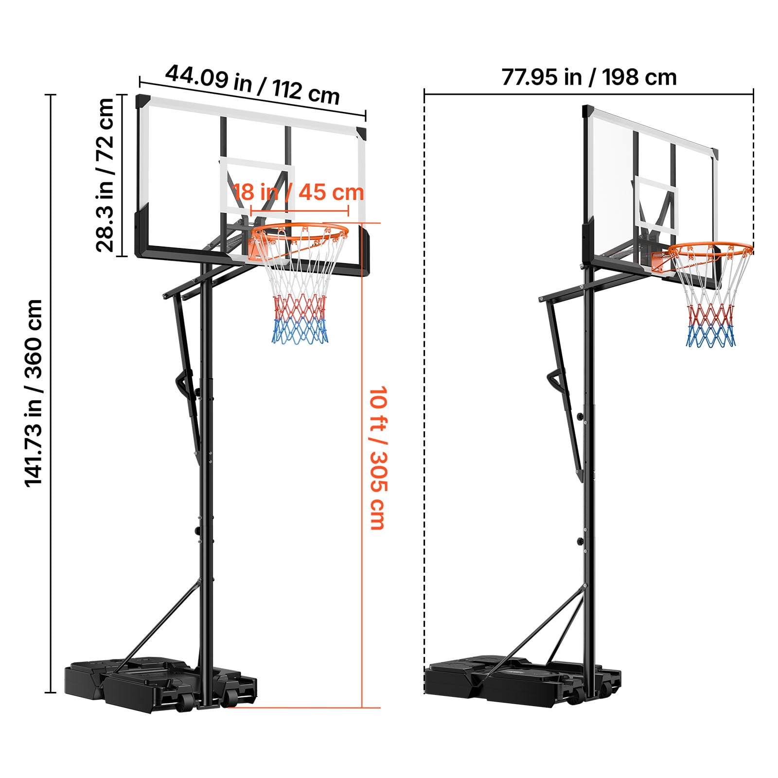 KFFKFF Adjustable Portable Basketball Hoop, 5.25 to 10 ft Height Range, 44-inch PC Backboard with Wheels, Ideal for Kids, Teens, and Adults in Driveways or Poolside Games