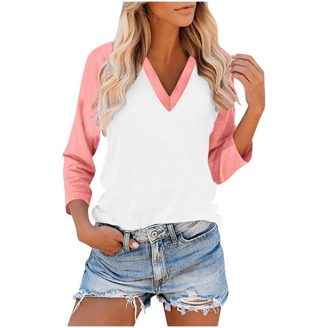 3/4 Length Sleeve Womens Tops Women's Casual Raglan Sleeve V Neck Tunic Tops Basic Tees Blouses 2025 Summer