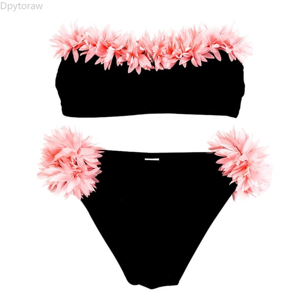 Dpytoraw Kids Girls Swimsuit Two Pieces Bikini Set Flower Bathing Suits Cute Swimwear Size Black 7-8 Years