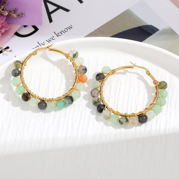 Xiao Hua Pendientes de piedra natural personalizados, pendientes de piedra natural enroscados en alambre de acero inoxidable, pendientes de cuentas, pendientes de colores retro (negro y verde)