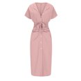 thumbnail image 5 of ZZwxWA Women Button Down Ruched Shirt Dress Short Sleeve Lapel V Neck Front Tie Midi Work Dress Elegant Party Mini Dresses, 5 of 5