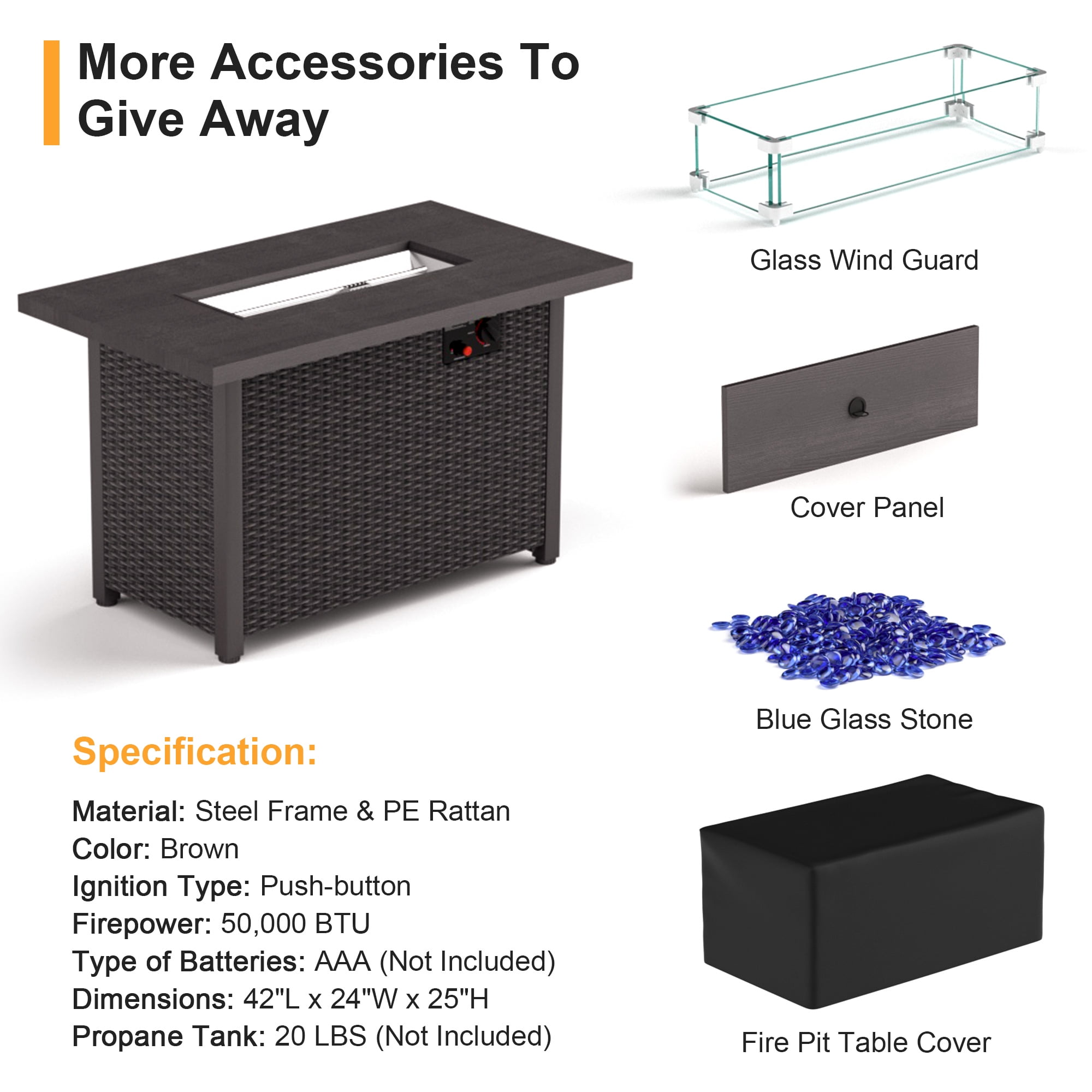 42" Propane Fire Pit Table 50,000 BTU Steel Gas Fire Pit with Rain Cover, Glass Rock and Steel Lid for Outside