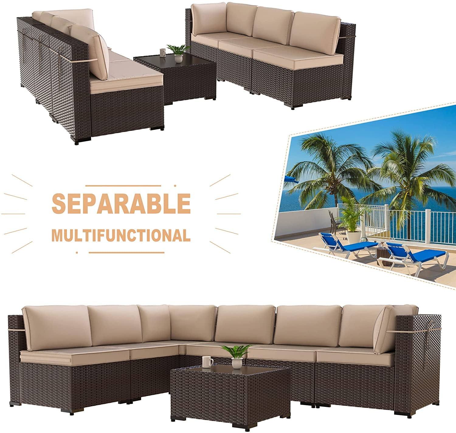 Gotland Patio Furniture Set 7 Pcs Outdoor Sectional Rattan Sofa Brown Sand Cushions,1 Tempered Glass Tea Table