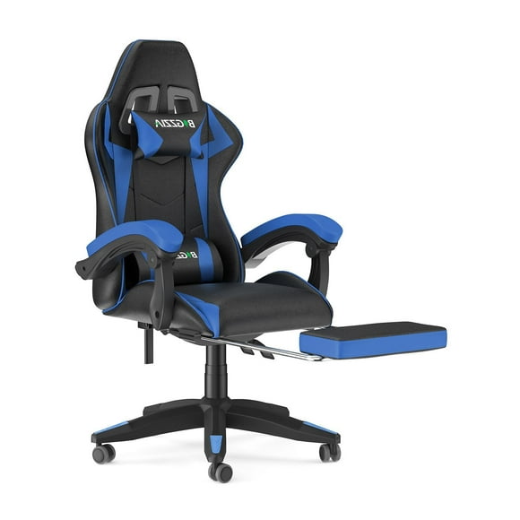 Bigzzia Gaming Chair with Footrest, PU Leather with Lumbar Support & Headrest, Height Adjustable, Blue