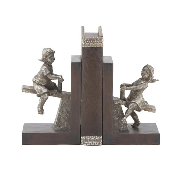 DecMode 4" People Brown Polystone Bookends with Swing Set (Set of 2)