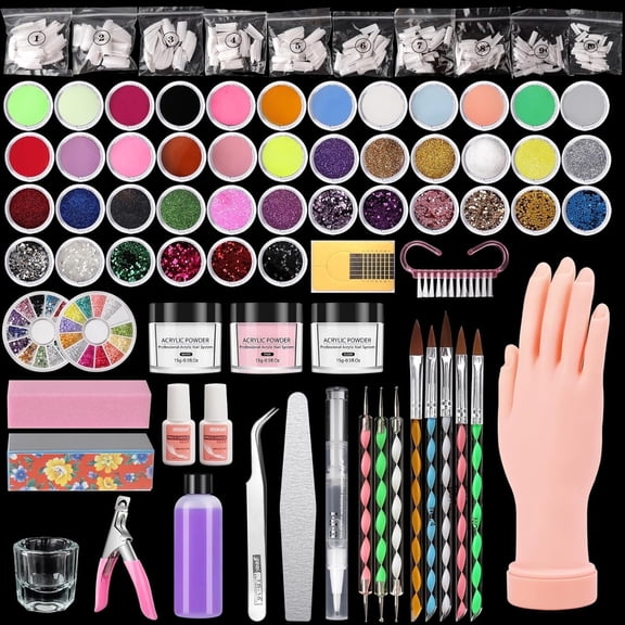 42-Color Acrylic Powder Kit with Practice Manikin Hand for Nail Art Training (Beginner-Friendly Acrylic Nails Set)