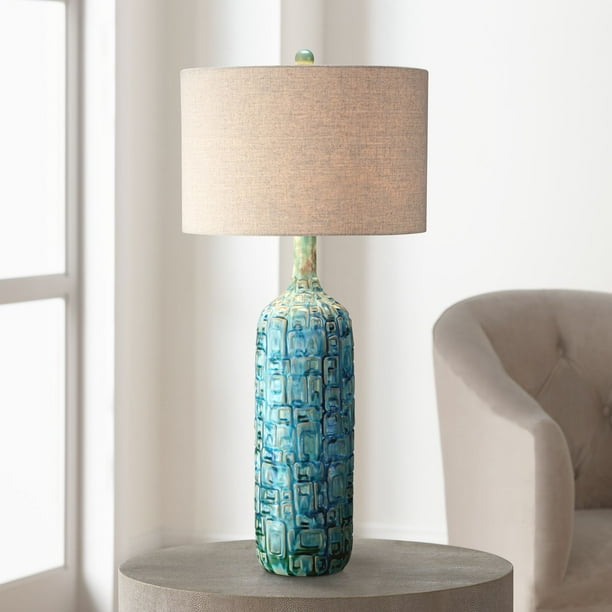 Possini Euro Design Mid Century Modern Table Lamp Ceramic Tiled Teal Tall  Tan Linen Drum Shade for Living Room Family Bedroom (Colors May Vary)