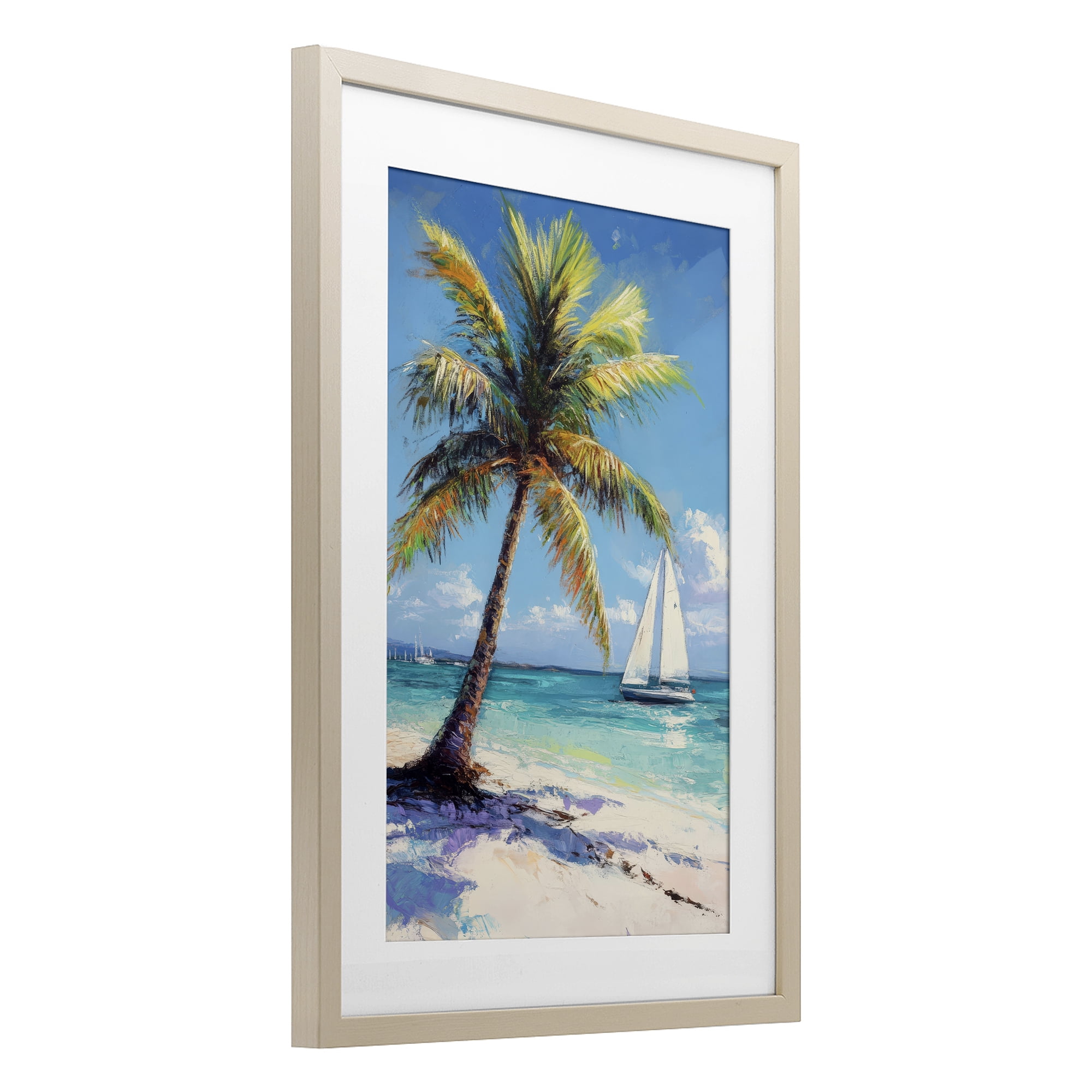 Stupell Industries Palms & Sails Beach View Birch Framed Print Under Glass, design by Petal Prints Design