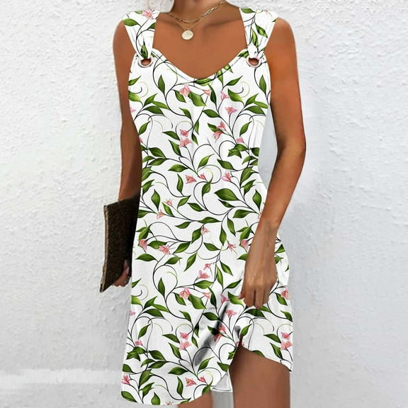 Viikei Womens Dresses Summer Clearance,Women's Casual Slip Short Sleeve Dress,Women's Casual Versatile Printed V Neck Casual Sleeveless Suspender Dress Green S