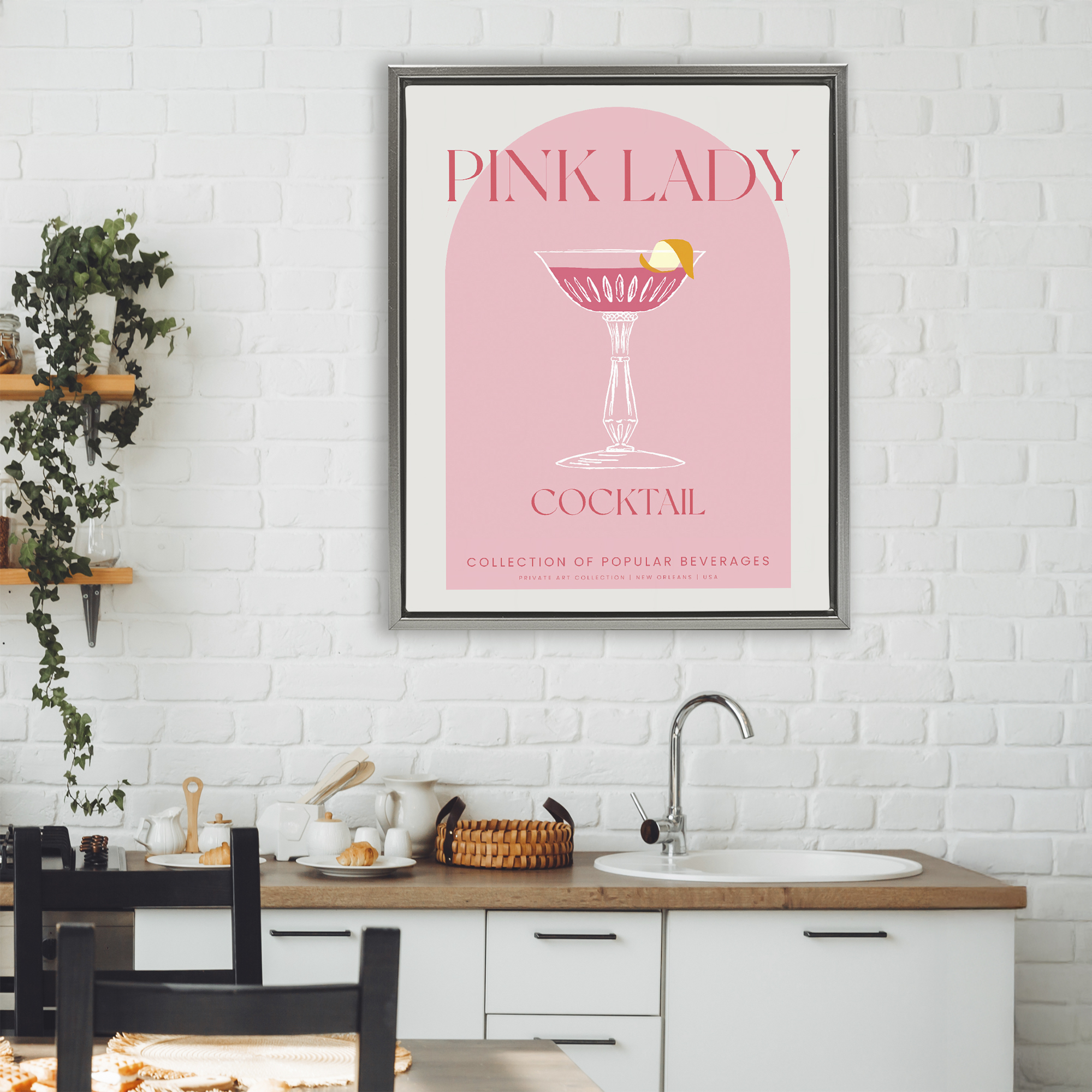 Stylish Retro Pink Lady Gray Framed Floater Canvas Wall Art, design by Lil' Rue