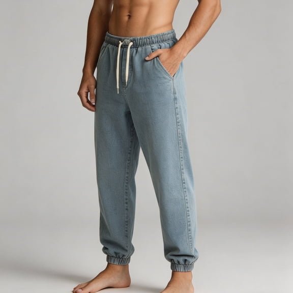 Xdegoge Denim Jogger Pants for Men Washed Trousers Cuffed Hem Relaxed Fit Elastic Waist Athletic Sweatpants with Pockets Casual Wear Daily Street Bottoms
