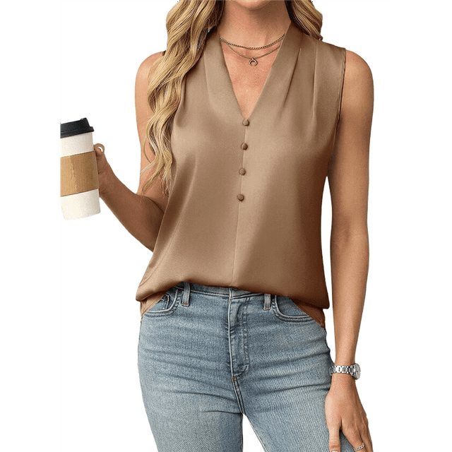 Camiseta Sin Mangas de Verano para Mujer, de Satén de Seda, con Cuello en V, Informal, de Negocios, Color Caqui, Talla XL