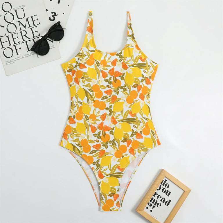 RQYYD Clearance One Piece Swimsuit for Women Bathing Suit High Cut Deep V  Neck Low Back Floral Tummy Control Swimwear(Orange,L)