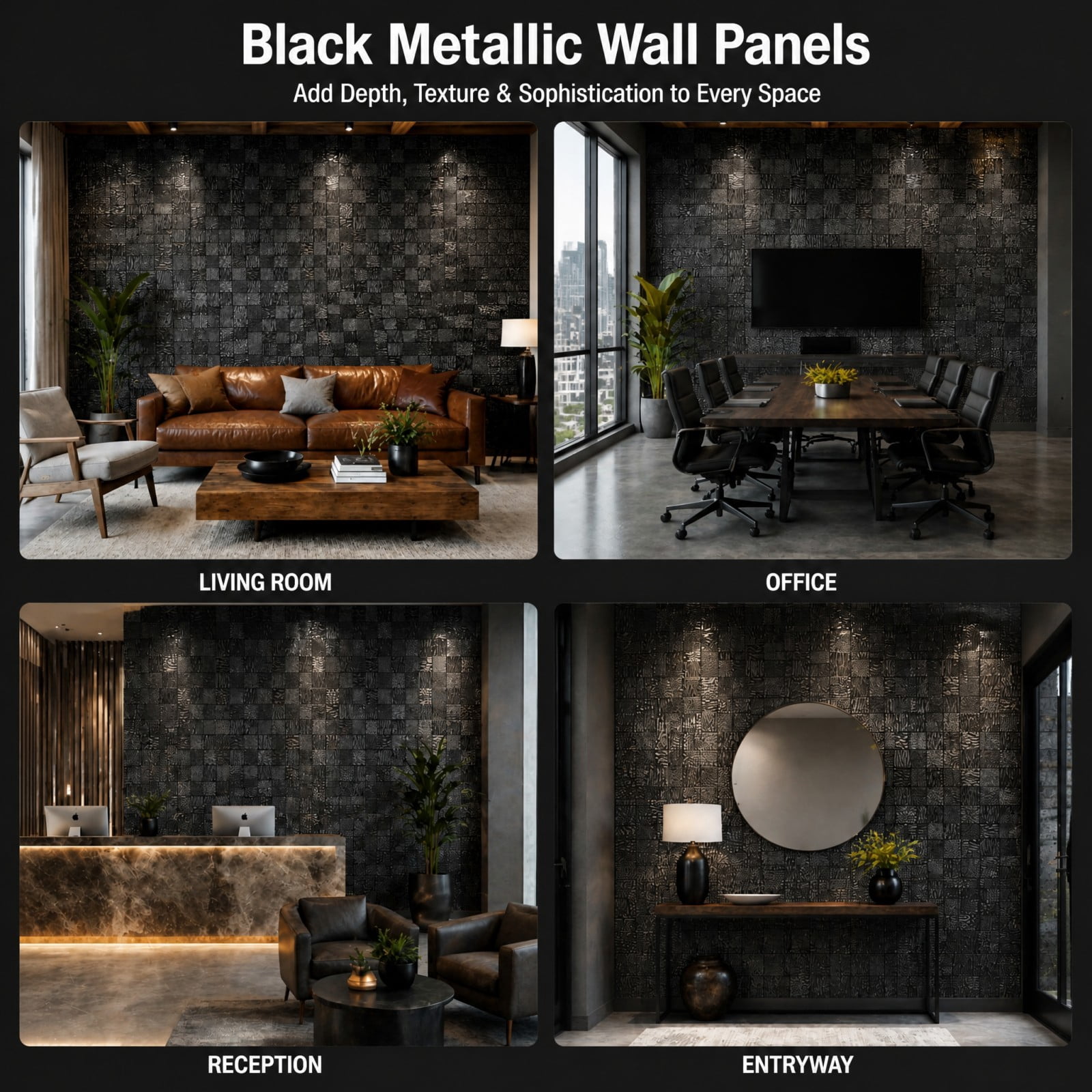 BEAUTYPEAK 5PCS 12"x 12" Textured 3D Metal Wall Panels for Interior Decor, Black