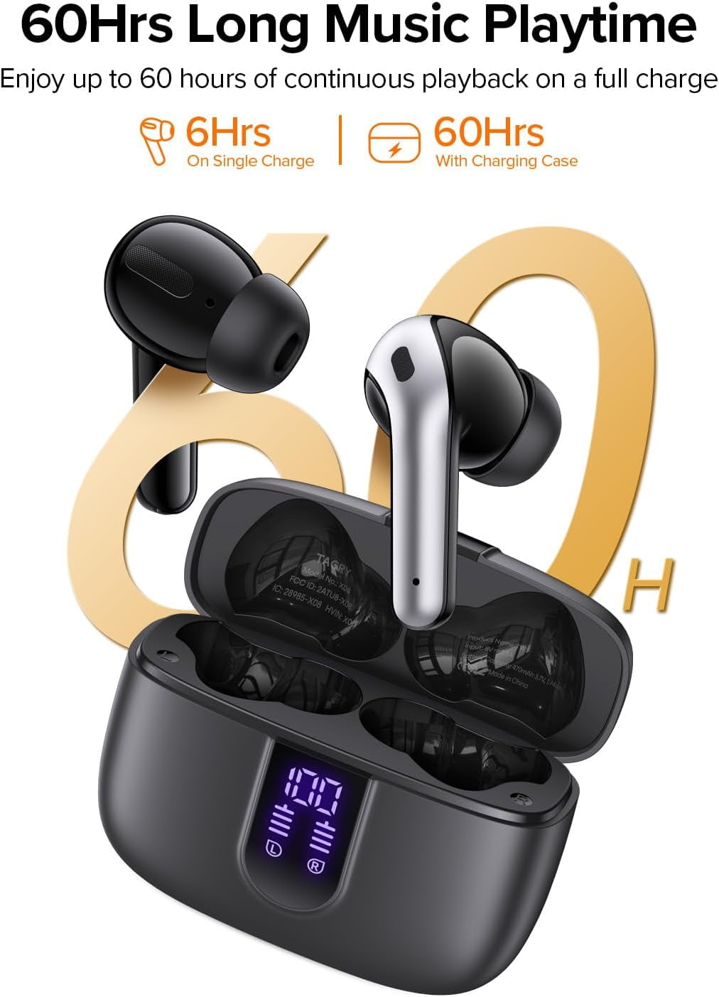 TAGRY Bluetooth Headphones True Wireless Earbuds 60H Playback LED Power Display Earphones with Wireless Charging Case IPX5 Waterproof in-Ear Ear buds with Mic for TV Smart Phone Laptop