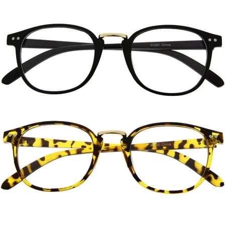 Retro Vintage Style Clear Lens Eye Glasses Hipster Cool Nerd Smart Oval Round, 2 Pack - 1 Black, 1 Tortoise