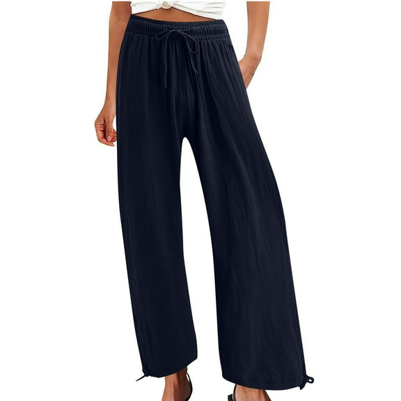 Zekutng Pants for Women Casual Solid Color Elastic Loose Straight Wide Leg Trousers with Pocket,Sizes S-3XL