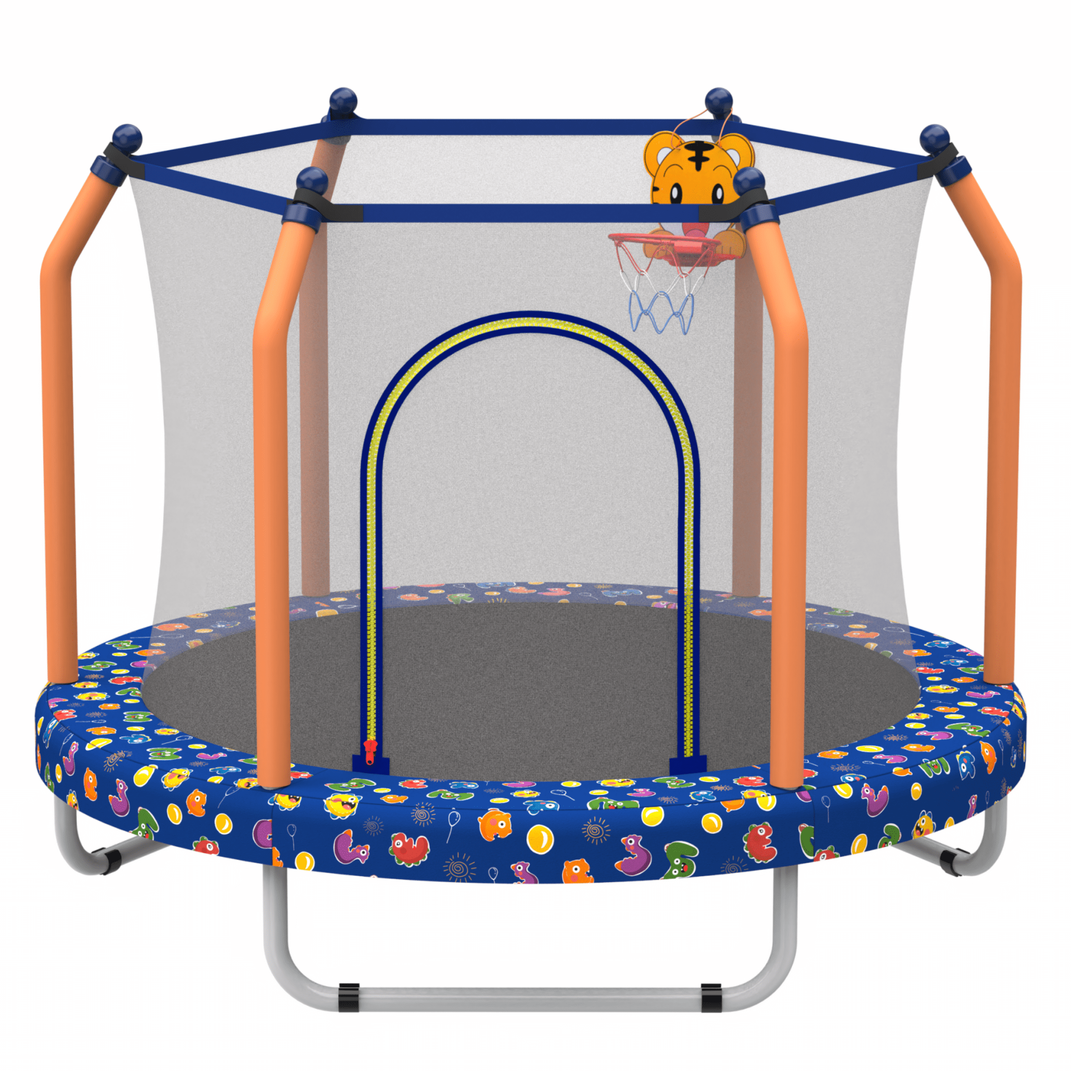 55" Toddler Trampoline with Enclosure Net, SHINPT Child's Mini Trampoline with Basketball Hoop, Round Recreational Tranpolines for Birthday Gifts, Kids Trampoline for Aged 3-6, Indoor & Outdoor