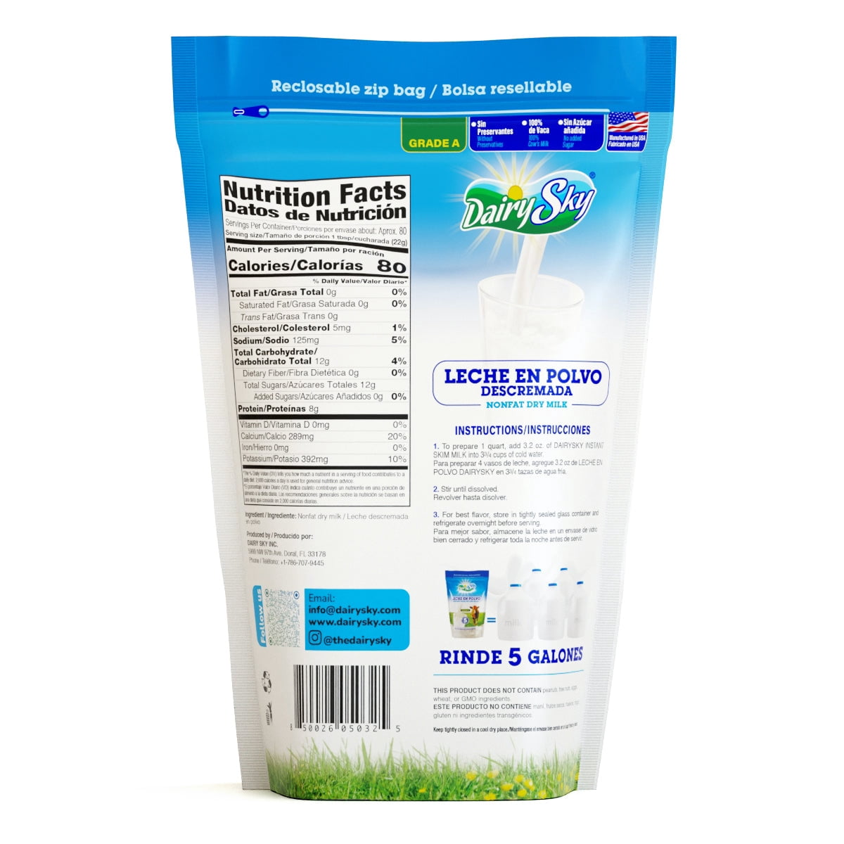 DairySky Nonfat Dry Milk Powder, Original Flavor, Grade a Skim Milk, Resealable Pouch, 64 oz (1 pack) | Leche En Polvo Descremada