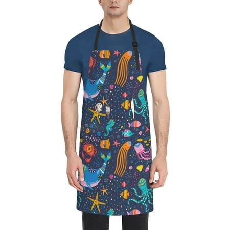 

Tebeau Marine Inhabitants Print Waterproof Cooking Aprons Adjustable Bib Soft Chef Apron with 2 Pockets for Men Women