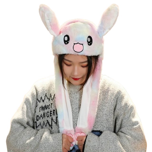Colorful Autumn Winter Rabbit Ear Fluffy Hat, Polyester Material With Moving Ears, Integrated Scarf And Hood, Cute Warm Cap For Kids Adults, Fun Fashion Accessory