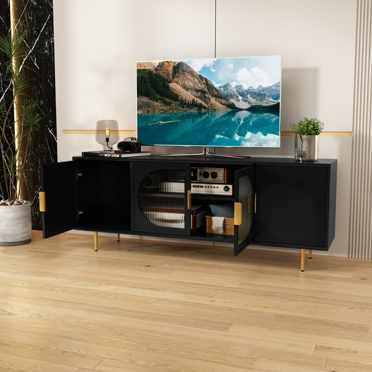 HLR Black TV Cabinet with Glass Doors & Gold Feet for TVs up HLR Black TV Cabinet with Glass Doors & Gold Feet for TVs up