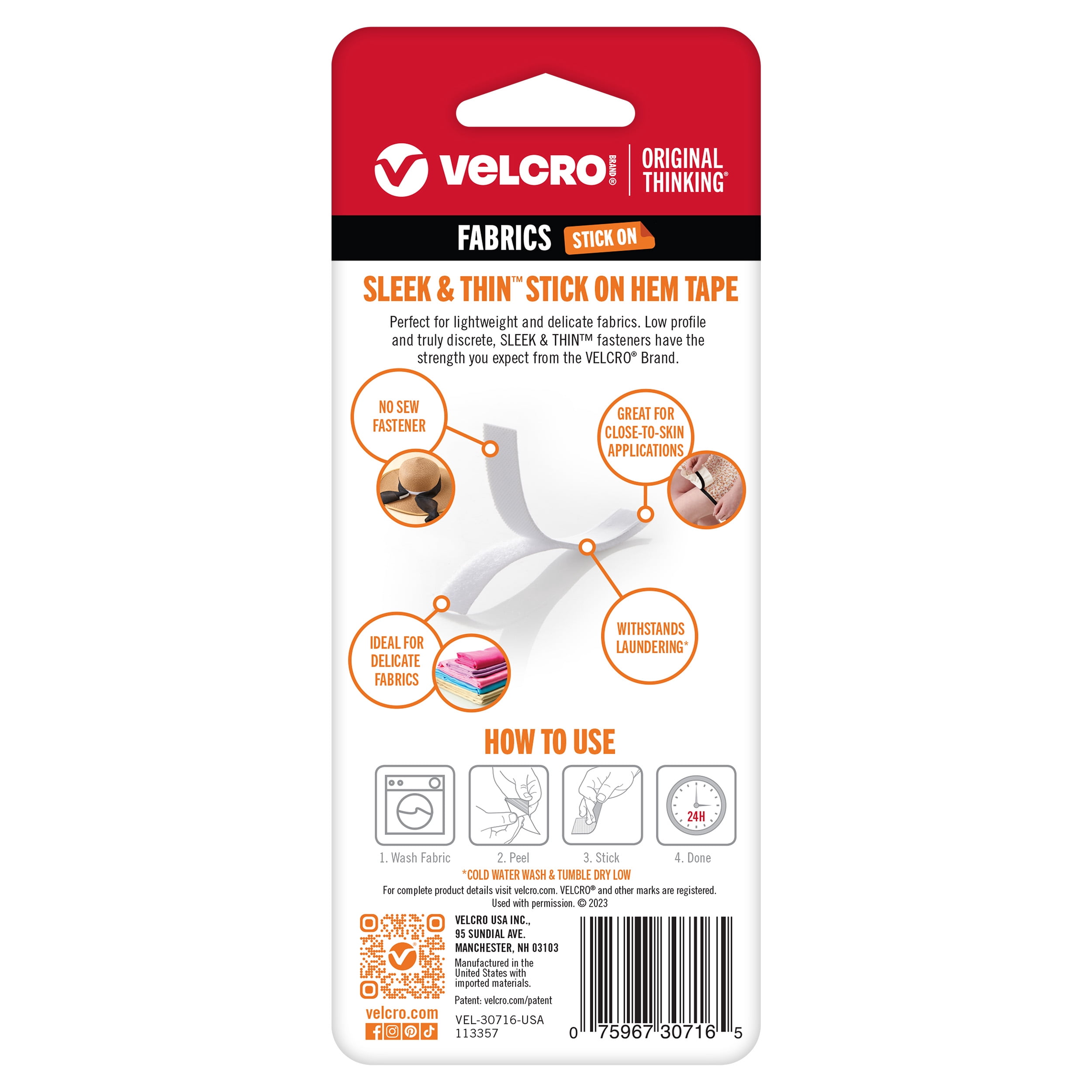 VELCRO Brand SLEEK & THIN™ - Stick On Hem Tape | No Sew Low Profile Hemming | 3ft X 1/2" Roll, White