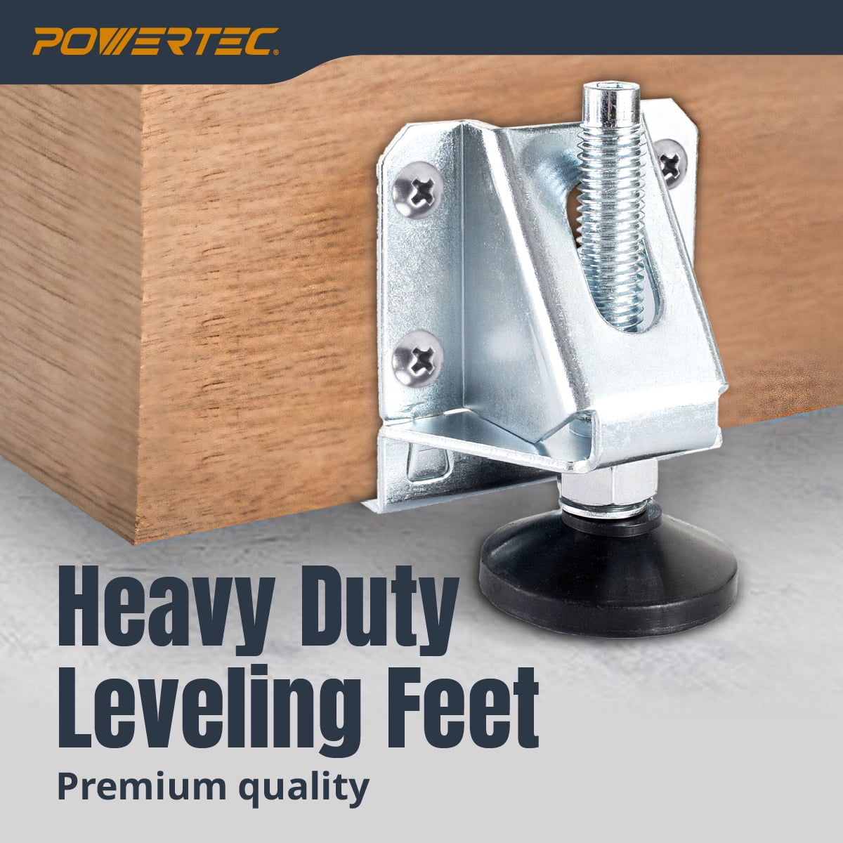 POWERTEC 4PK Leveling Feet Heavy Duty Adjustable Furniture Leg Levelers with Nylon Foot, Screws & Lock Nuts for Workbenches, Cabinets, Tables & Shelving (71136)