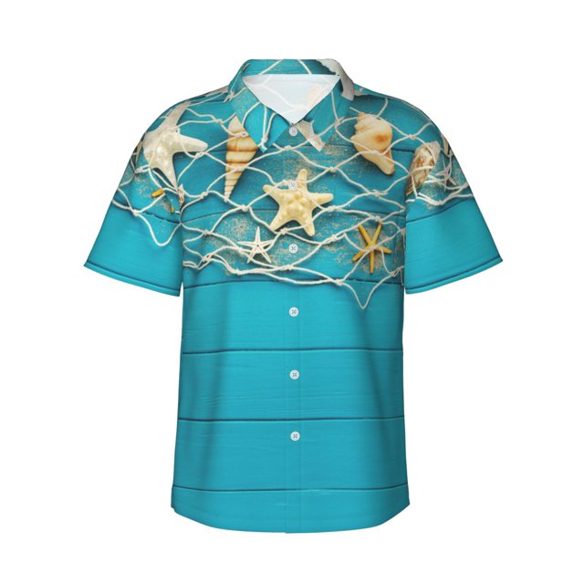 Balery Seashells And Fishing Net On Blue Wooden Table Camisas hawaianas de manga corta para hombre, camisas playeras de corte holgado, camisas de vacaciones con botones,X-Large