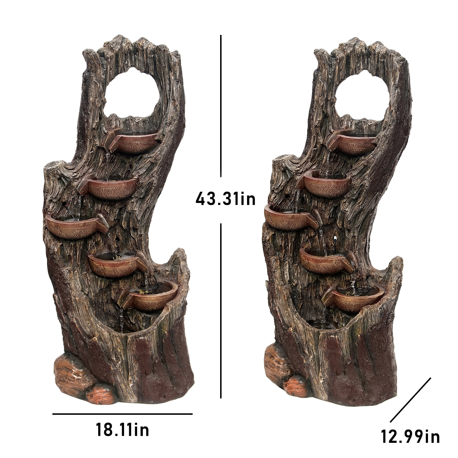 6-Tiers Floor Cascading Waterfall Fountains Outdoor Indoor Tree Trunk Water Garden Fountain with LED Lights Rainforest Water Feature Decor for Backyard Porch Patio Lawn 43.31''H