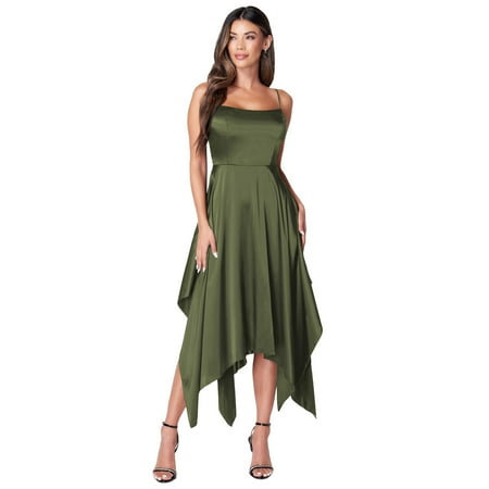 Women's bebe Satin Shark Bite Hem Bow Back Dress Color: Olive Size: X LARGE