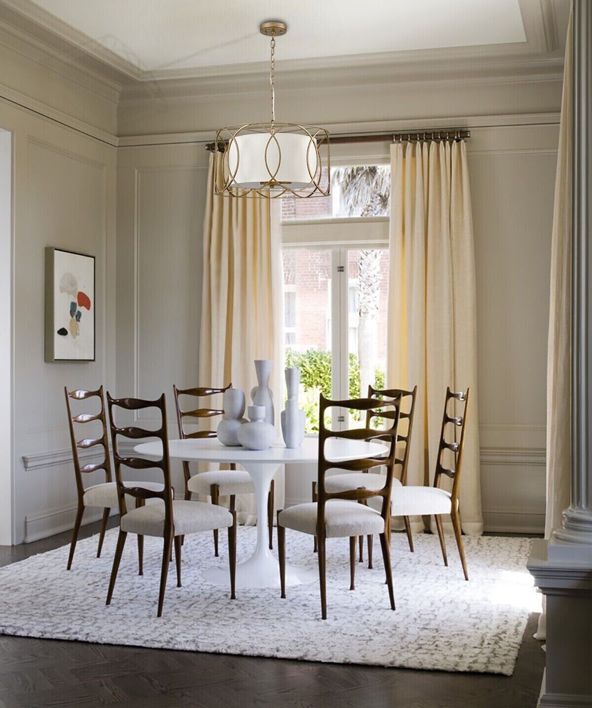 Brass Drum Pendant Light 3-Light Dining Table Fixture with White Linen Diffuser
