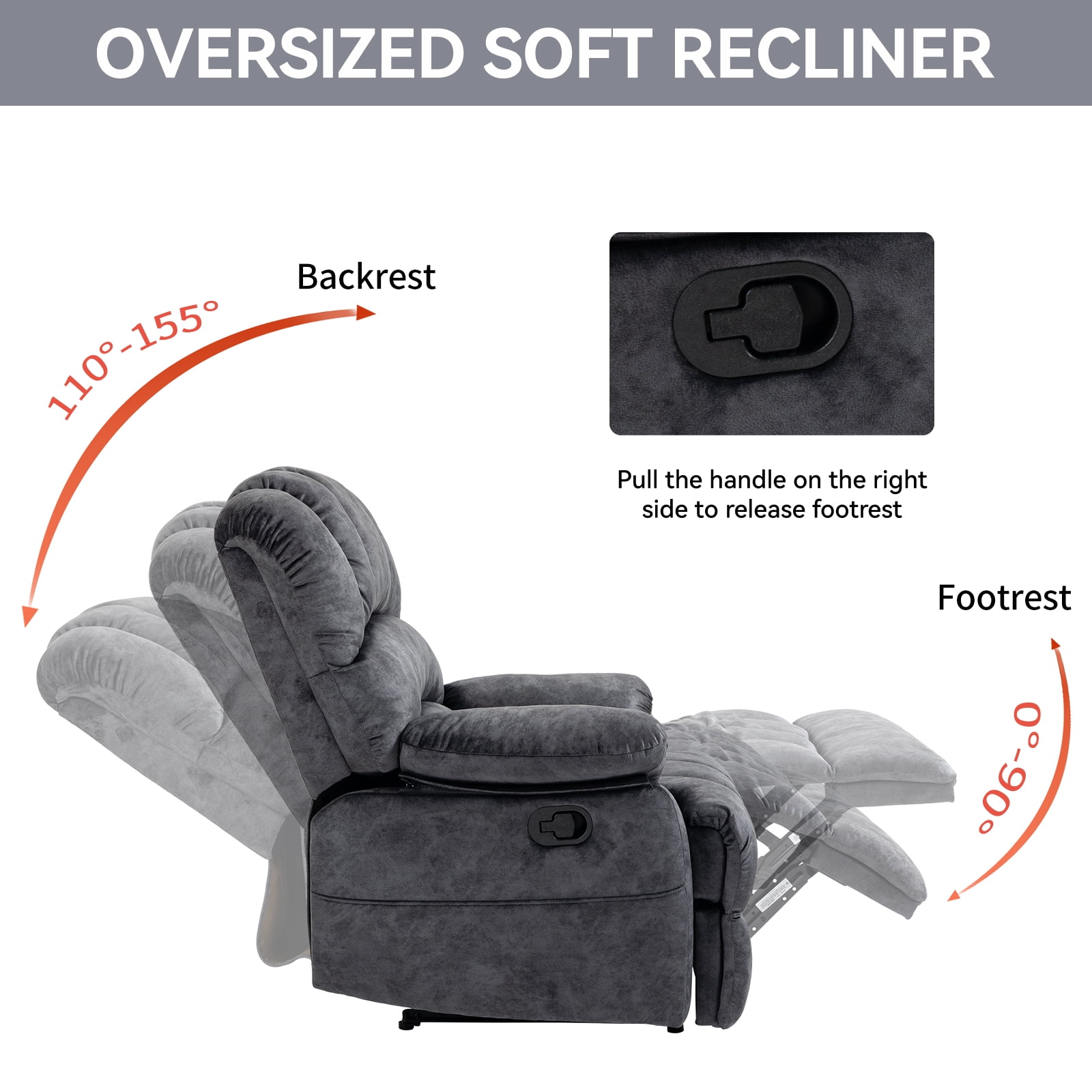 Trustyue  Manual Recliner Chair with Footrest, 40" Wide Push Back Recliner Chair with Three Position and Two Side Pockets, Velvet, Black