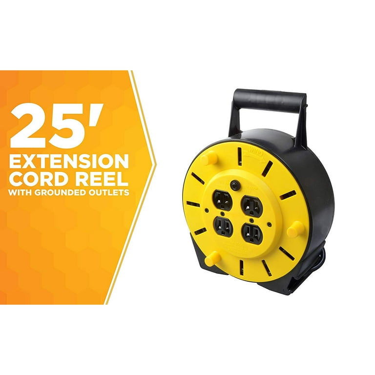 Woods 4907 16/3 25' Black/Yellow SJTW Extension Cord Reel with 4-Outlets Woods 4907 16/3 25' Black/Yellow SJTW Extension Cord Reel with 4-Outlets
