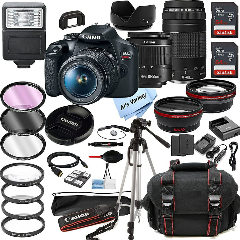  Canon EOS 4000D (Rebel T100) DSLR Camera w/Canon EF-S 18-55mm  F/3.5-5.6 Zoom Lens + Case + Sandisk 64GB Memory Card + 3pc Filter Kit +  Card Reader + Cleaning Kit (