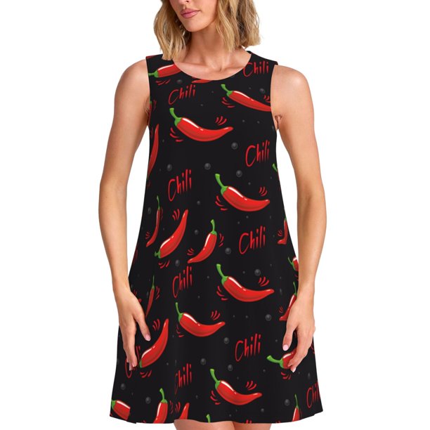 Fotbe Red Hot Chili Vestido de Verano sin Mangas para Mujer – Vestido Midi Línea A, Estilo Camiseta Floral, Vestido Playero Casual y Fluido