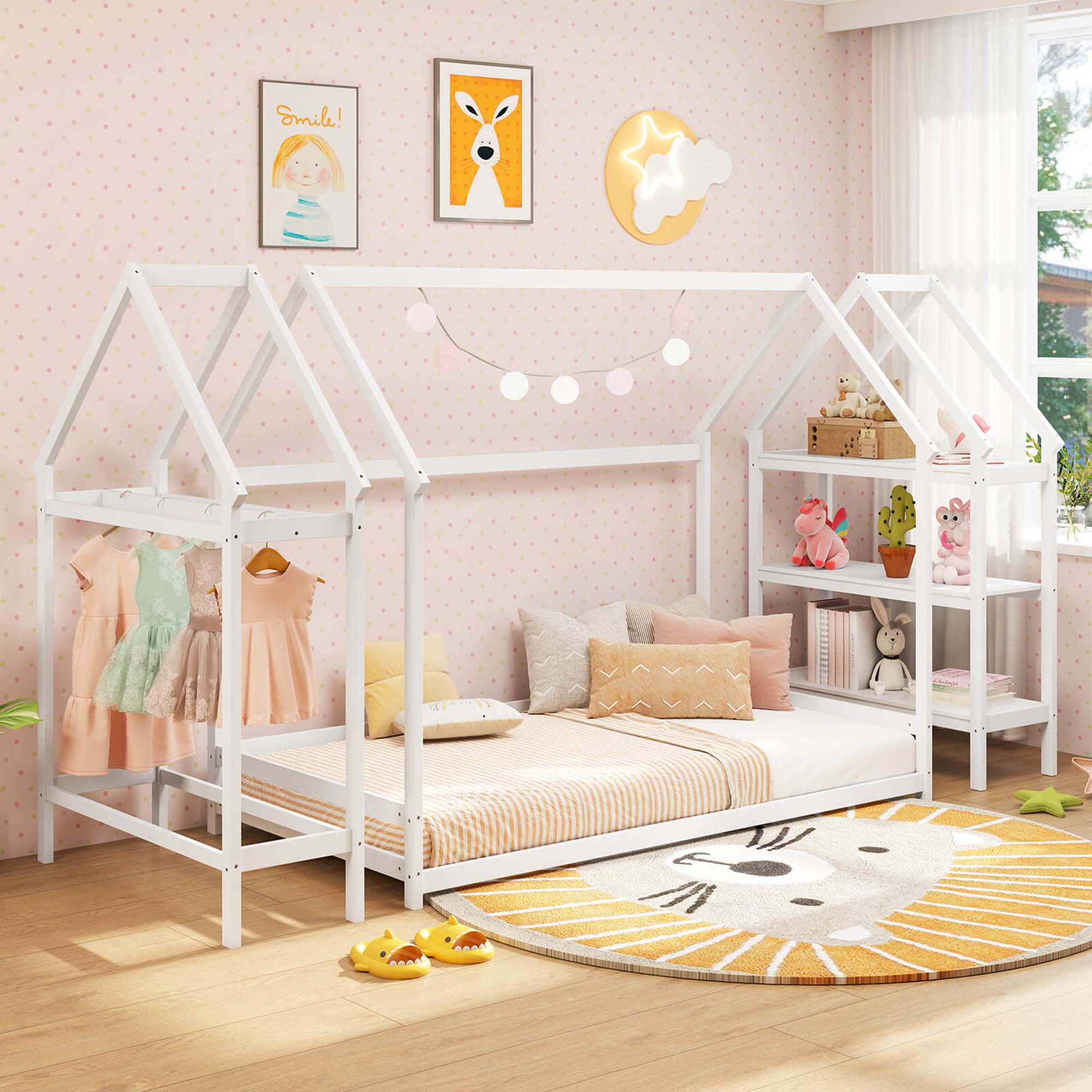 Costway Twin Size House Bed Montessori Floor Bed with Detachable Storage Shelves White
