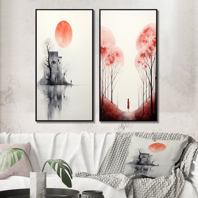 Designart "Minimal Serenity Moonlit Wanderings" Abstract Landscape Framed Wall Art Set Of 2 - Modern Pink Gallery Wall Frame Set For Home Decor