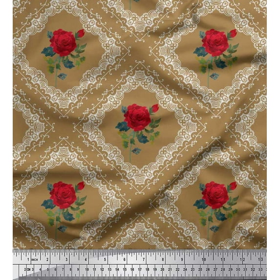 Soimoi Poly Georgette Fabric Check,Leaves & Rose Floral Printed Craft Fabric by The Yard 52 Inch Wide