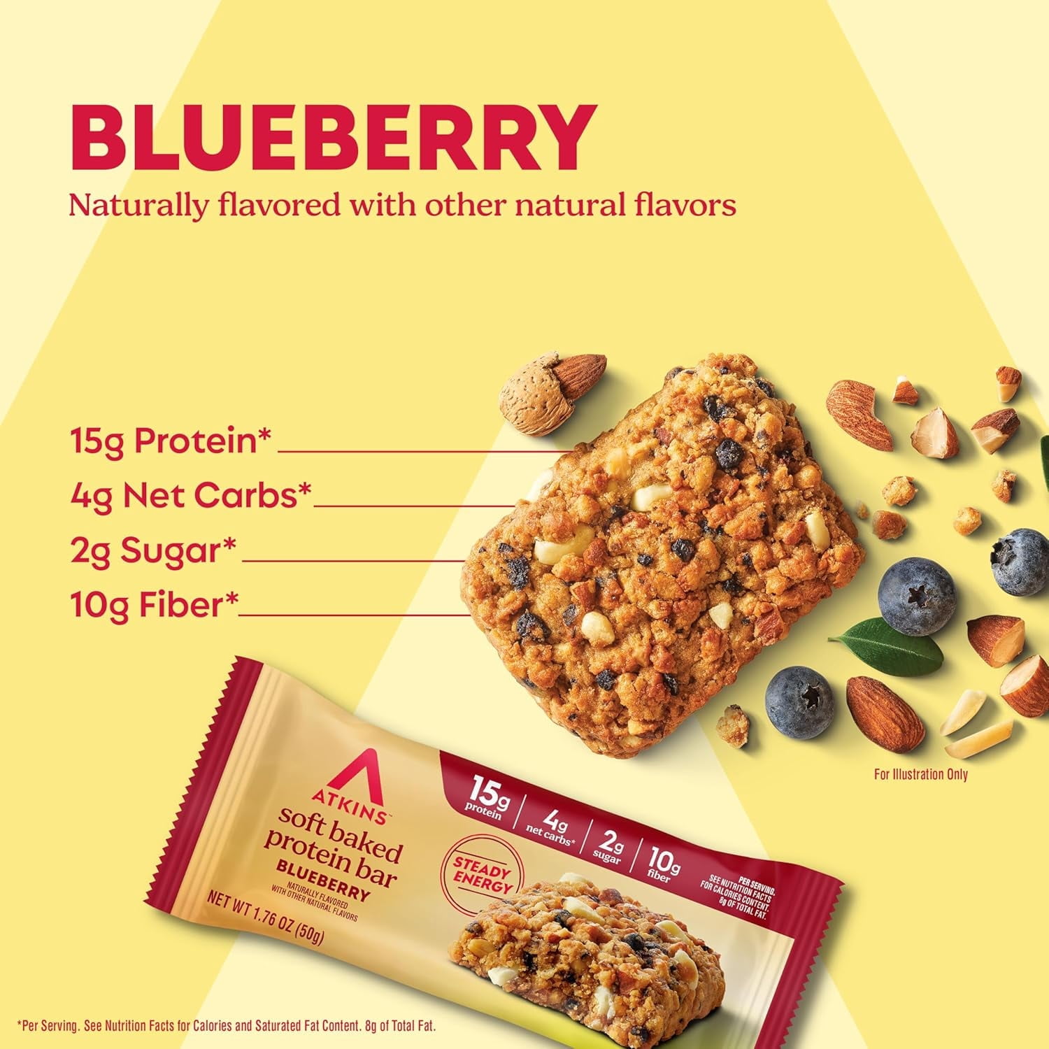 Atkins High Protein Bar, Soft Baked Bars, Blueberry Flavor, Value Pack, 8 Count