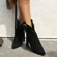 thumbnail image 2 of Women's Long Fringe Wide Calf Cowgirl Boots Boho Casual Suede Chunky Block High Heel Mid Calf Cowboy Dress Short Booties Black Size 7.5, 2 of 6