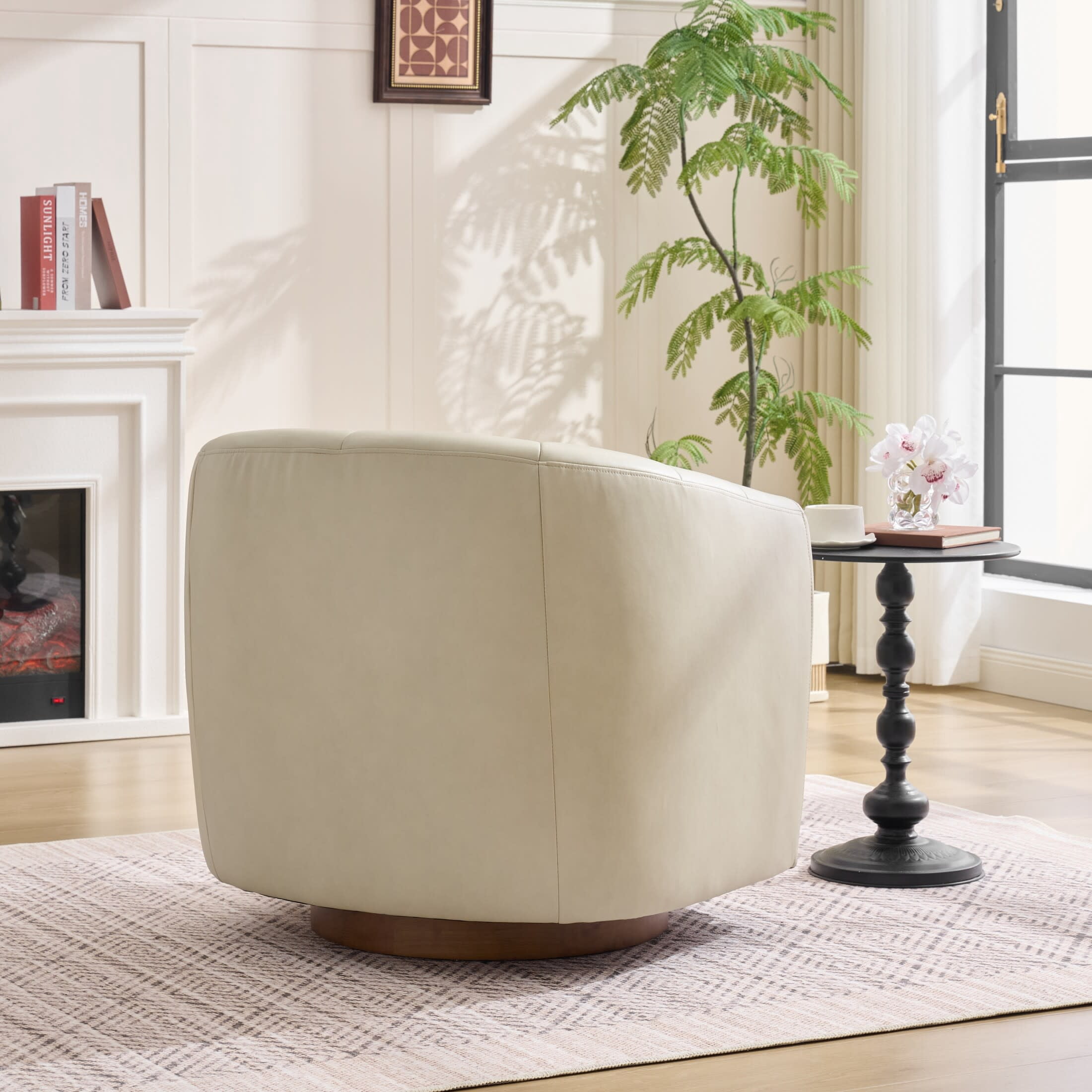 Noble House Swivel Accent Chair with Solid Wood Base, PU Leather Upholstered Armchair for Living Room, Cream