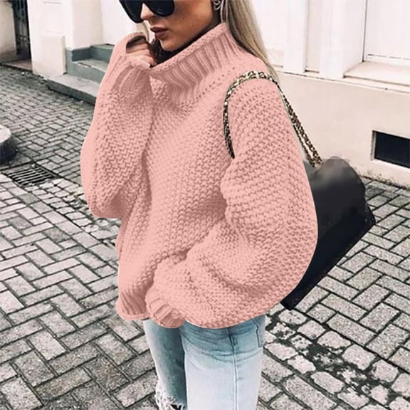 Pink Womens Fall Tops Solid Casual Long Knitted Sleeve Off The Sweater Womens Shoulder Pullover Sweaters for Women
