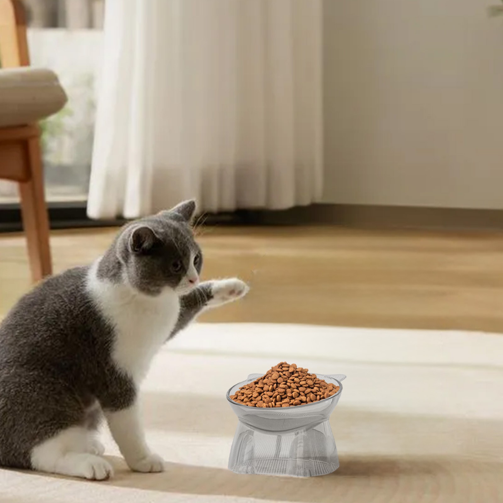 Raised Clear Plastic Cat Bowl, Neck-Protecting Anti-Tip 250ml Food Water Bowl for Cats (1pc)