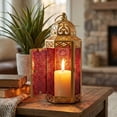 thumbnail image 5 of 2-Pack Gold Moroccan Candle Lantern Holder - Decorative Lamp for Tabletop or Hanging Use, Indoor or Outdoor Porch Patio - Ramadan, Weddings and Holidays, Medium, Red Glass, 5 of 10