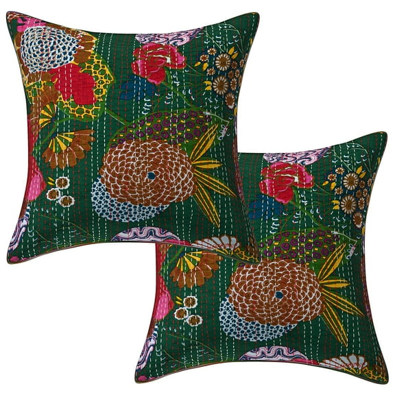 Stylo Culture Indian Settee Sofa Throw Pillow Covers 16 x 16 Kantha Dark Green Printed 40cm x 40cm Home Decor Cotton Tropicana Square Cushion Covers | Set Of 2