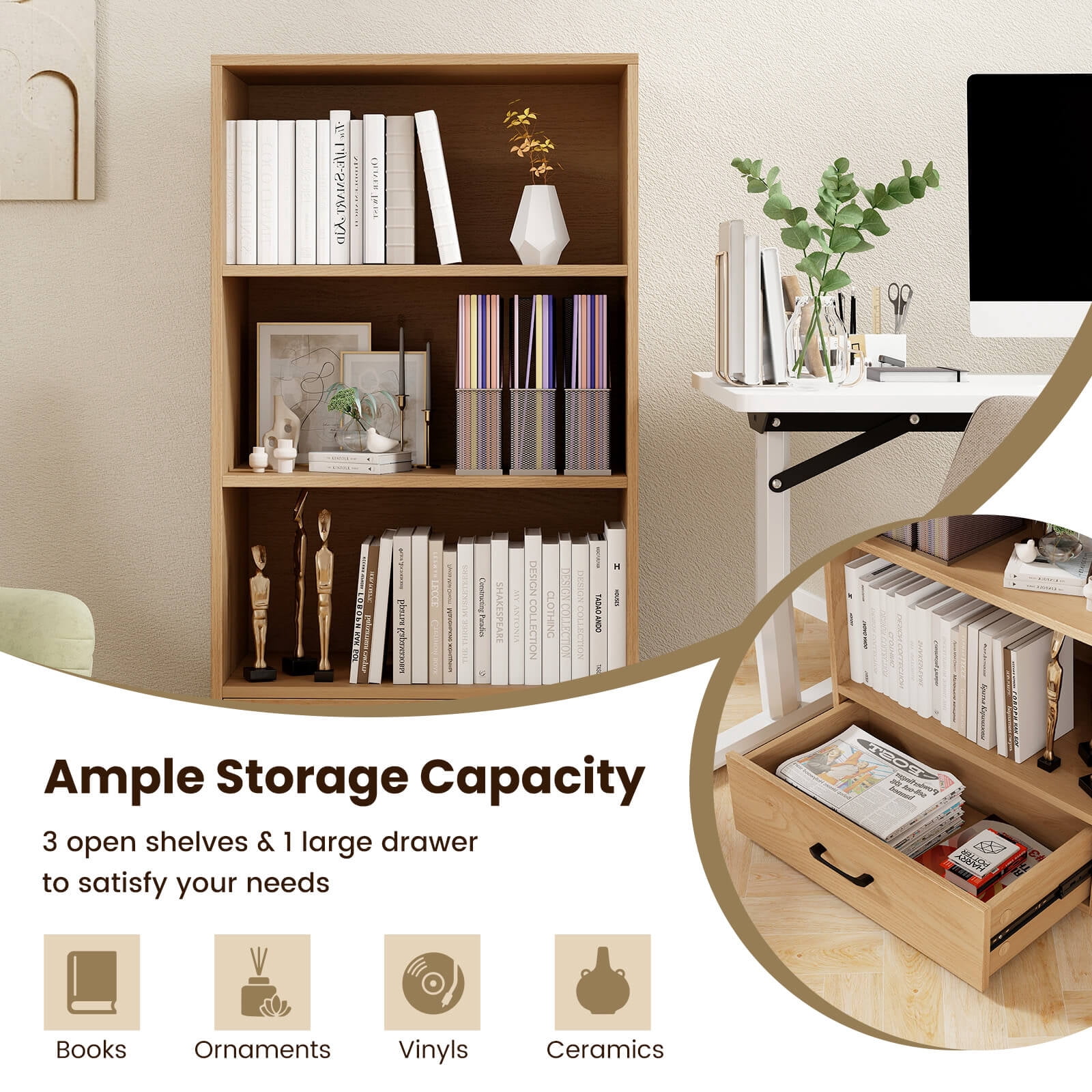 Costway 4-Tier Bookcase, 24'' x 15'' x 48'', Brown